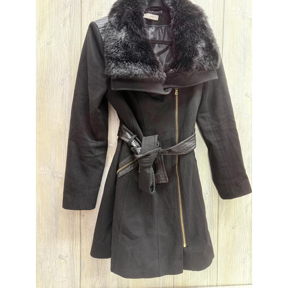 Via Spiga Black Wool Blend Faux Fur Collar Asymmetrical Zip Trench Coat Size 14